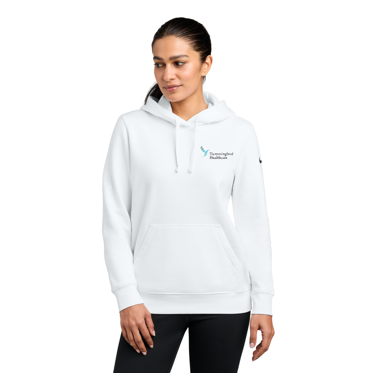 Nike Women's Club Fleece Sleeve Swoosh Pullover Hoodie — model